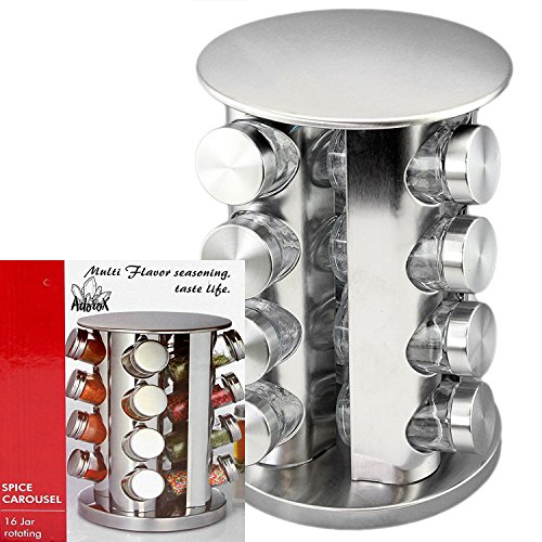 Adorox Steel Spice Rack - Round or Square Revolving Stainless Space Saving Kitchen Storage Organizer for Seasoning Dried Herbs (Round 16 Spice Jars)