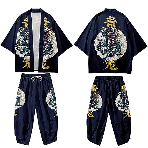 Image of DOSLAVIDA Men's Japanese Kimono Cardigan Suit Chinese Style Printed Jacket Pants Set Open Front Seven Sleeve Top & Shorts