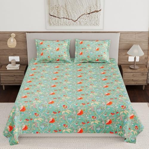 Image of Living Roots Ethnic Jaipur Block Print Double Cotton Bedsheet & 2 Pillow Covers, for Mattress Upto 6 inches Thick, No Colour Bleeding, Green Colour, King Size 90 * 108 inches, 120TC (617-B)