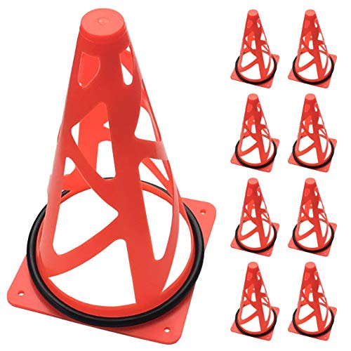 9 inch Turf and Beach Cones - 8 Pack Weighted Training Cones and Carry Bag, Use as Pylons, End Zone Markers and Soccer Goals. Collapsible for Safety.