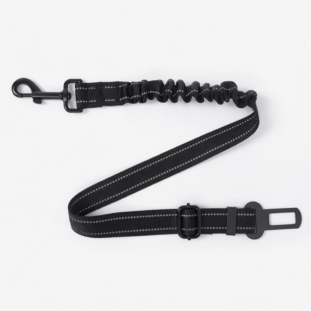 Pet 3-in-1 Dog Seat Belt for Cars, ISOFIX Latch & Universal Buckle, Heavy-Duty Bungee Tether, Reflective Nylon, Adjustable (Black, Plain)