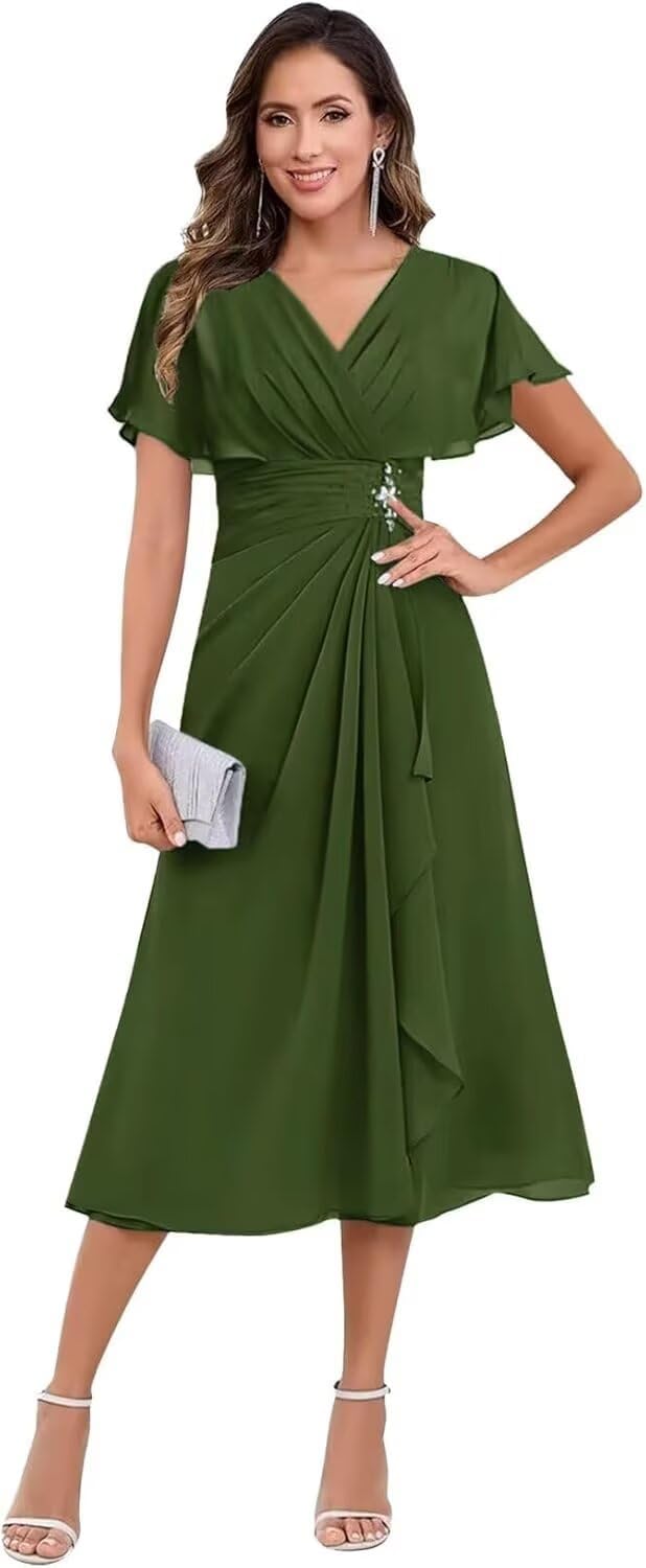 Chiffon Mother of The Bride Dresses for Women Tea Length Beading Short Sleeve Wedding Dresses for Guest