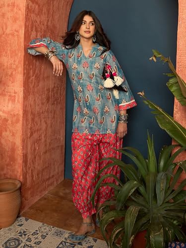 Image of EthnicJunction Women's Linen Floral Print Summer Wear Straight Short Kurti with Afghani Pant Set | Co Ord Set for Women Stylish | Fusion wear Women
