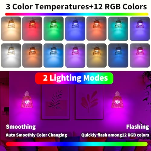 Image of Battery Operated Wall Sconce Set of 2, Boho USB Rechargeable Wall lamp, White Farmhouse Rattan Sconce Lighting with Remote, RGB 15 Colors Modes Rechargeable Wall Lights for Bedroom Livingroom Hallway