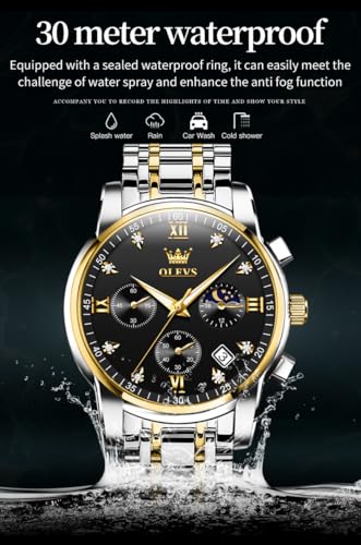 Image of OLEVS Watch for Men Diamond Business Dress Analog Quartz Stainless Steel Waterproof Luminous Date Two Tone Luxury Casual Wrist Watch Blue
