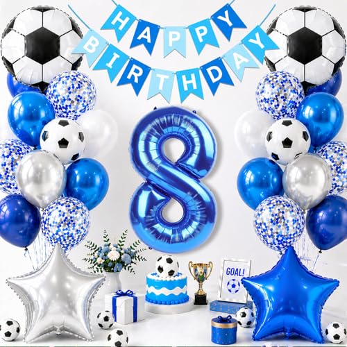 OIWLCI Soccer Birthday Party Decorations, Blue Number 8 Balloon, Blue and White Soccer Balloons, Happy Birthday Banner for Football Party Decorations (Blue, Number 8)