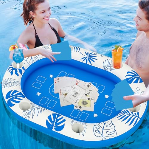 56IN Extra Large Floating Table for Pool,Inflatable Pool Games for Adults with Waterproof Playing Cards, Pool Accessories Inflatable Food Drink Holder for Summer Party Indoor Outdoor Beach Pool