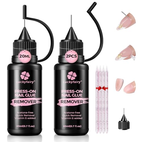 Pinpoint Press On Nail Remover: 2PCS 20ml Non-Acetone Nail Glue Remover with Cuticle Pusher,...