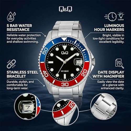 Image of Q&Q Analog Watch for Men | Black Dial with Date Display | Stainless Steel Silver Strap | Fixed Blue Red Bezel Design | 5 BAR Water Resistant | Quartz Men's Wrist Watch | A49A-001PY