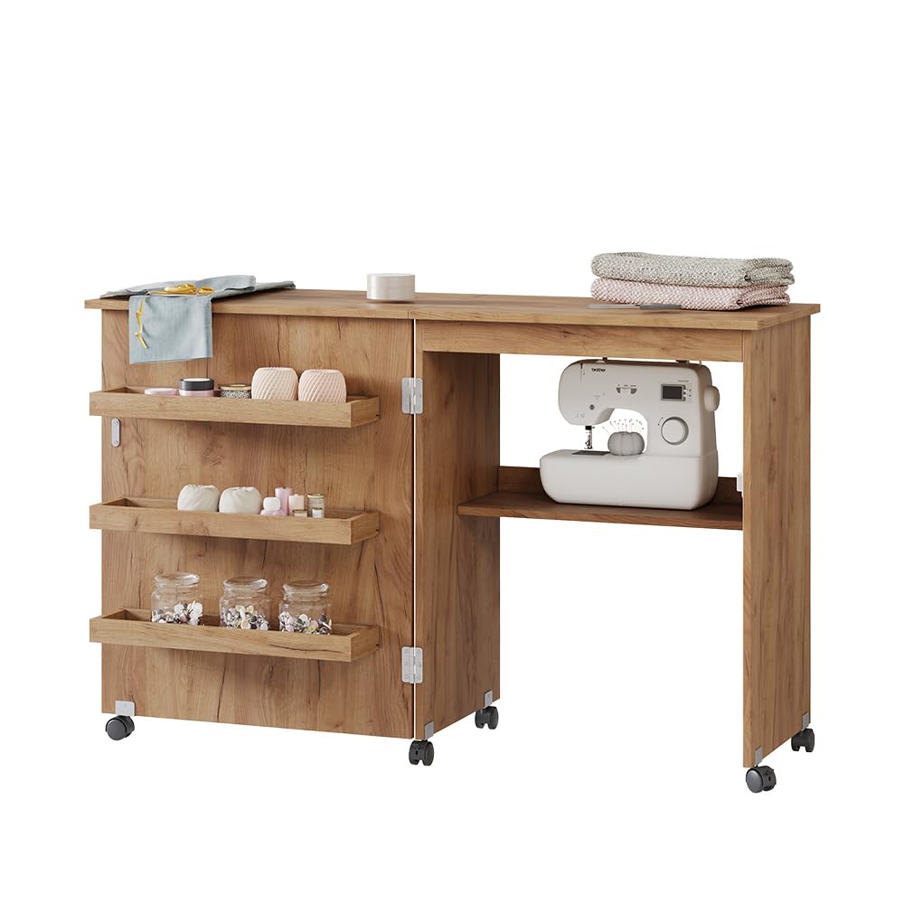 Vicco Table de Couture Carmen, Chêne, 118x77.5cm avec 3 étagères, Pliable sur roulettes pour Une Utilisation Flexible comme Table de Travail