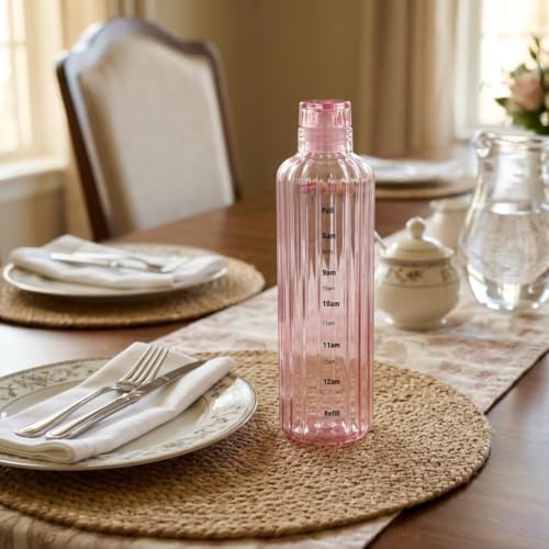 Image of Borosilicate Water Bottles, H2O Fridge Water Bottle with Cap, Leak proof & Airtight Lid, Water Bottle for Office, School, College - 500ml Bottles with Time Marker (Striped Pink)