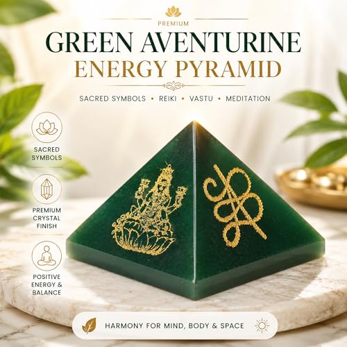 Image of Green Aventurine Pyramid with Shri Yantra, Laxmi, Zibu Coin & Money Magnet Symbols | Crystal Energy Pyramid for Wealth Enhancement, Prosperity, Financial Growth, Reiki Healing, Vastu & Feng Shui