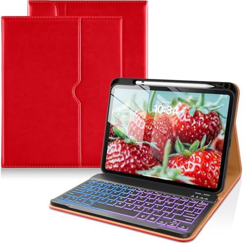 Image of DTTO for iPad 11th (A16) / 10th Generation Case with Keyboard (2025 /2022), 7 Colors Backlit Wireless Detachable Keyboard Leather Folio Cover with Pencil Holder & Pocket, Bright Red