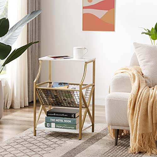Vecelo Side Storage Magazine Holder, 3-Tier Record Player Stand, End Tables For Bedroom, Living Room, Small Space, White, 1 Pack #TOP3