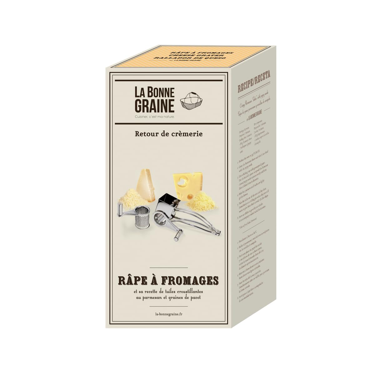 LA BONNE GRAINE – Moulin Râpe à Fromage Manuel en Inox – 2 Tambours Gruyères et Parmesan Inclus – Qualité Professionnelle - Passe au Lave-Vaisselle – Résistant et Efficace – 25 x 11,5 x 10,5 cm
