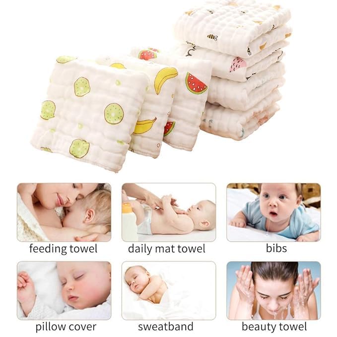 Image of Baby Muslin Washcloth Cotton Baby Wipes Cum Face Towel, 5 Pack 10x10 inches - Print