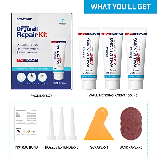 Image of BONCART Spackle wall Repair Kit, 3-Pack Mending Agent Putty with Tools | Includes Scraper And Sandpaper. For Wall Cracks And Nail Holes