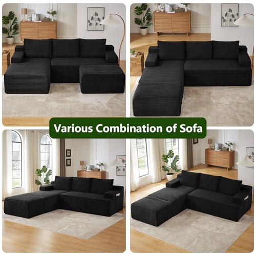 Image of 96.1 inch Modular Sectional Sofa with Ottoman, Modern Corduroy Cloud Couch, Boneless Couch Upholstered 3-Seater U-Shaped Sofa for Living Room, No Assembly (Black, Left-Facing Chaise)
