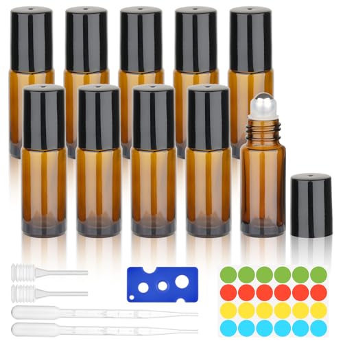 Moosono Roll on Flasche Leer 5ml, 10 Stück Glasflaschen für Ätherisches Öle, Rollon Flaschen mit Öffner, Tropfer, Augentropfer, Aufkleber für Parfüm, Aromatherapie, Massage (Braun)