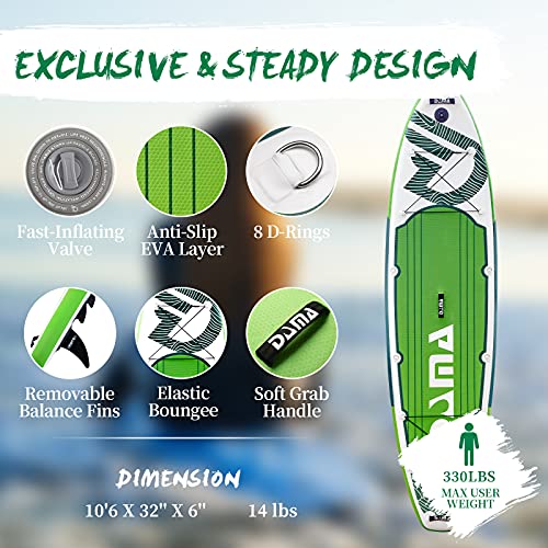 Dama Premium Inflatable Stand Up Paddle Board (6 Inches Thick) With Durable Sup Accessories, Wide Stance, Surf Control, Non-Slip Deck, Paddle And Pump (New Adventure Green10'6"*32"*6") #TOP1