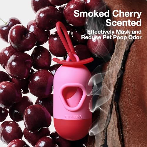 Image of VETRESKA Dog Poop Bag Dispenser with Smoked Cherry Scented Poop Bags, Leak Proof and Extra Thick Pet Waste Bags, 1 Poop Bag Holder and 105 Bags for Dog Walking and Cats Litter