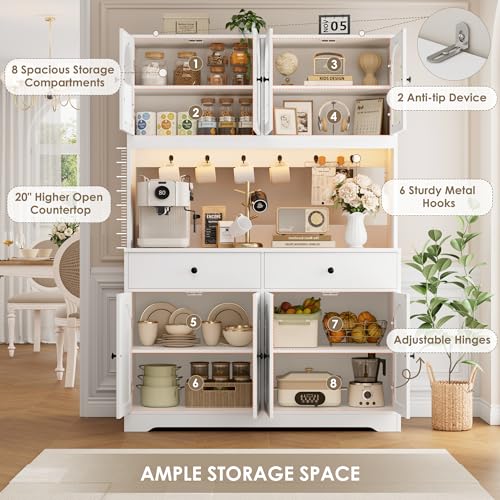 HIFIT 71\" LED Kitchen Pantry Cabinet with Power Outlet, Large Kitchen Hutch Storage Cabinet with Arched Door & Shelves & 2 Drawers, Tall Modern Coffee Bar with Hutch for Home Dining Living Room, White