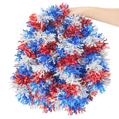 Image of 33FT 4th of July Patriotic Tinsel Garland Red White Blue Glitter Metallic Twist Foil Tinsel Garland for Independence Day Memorial Day Party Door Tree Indoor Outdoor Decoration