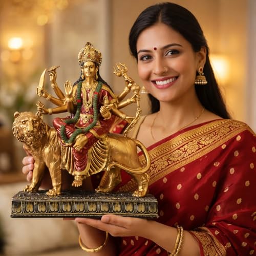 Image of ARMONIA Maa Durga Idol with Lion - Sherawali Mata Murti for Home Decor, Puja Mandir & Office Desk | Vaishno Devi Durga Mata Statue |Antique Polystone Goddess Idol for Navratri Gift (Height:12.20 Inch)