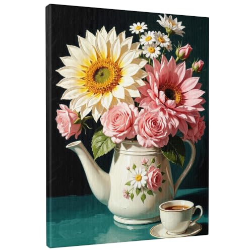 Lienzo floral vintage con girasol amarillo melocotón y rosa para decoración de paredes