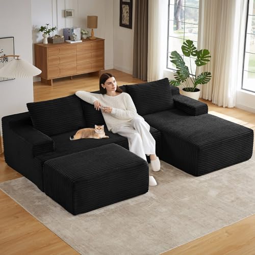 Image of 96.1 inch Modular Sectional Sofa with Ottoman, Modern Corduroy Cloud Couch, Boneless Couch Upholstered 3-Seater U-Shaped Sofa for Living Room, No Assembly (Black, Right-Facing Chaise)