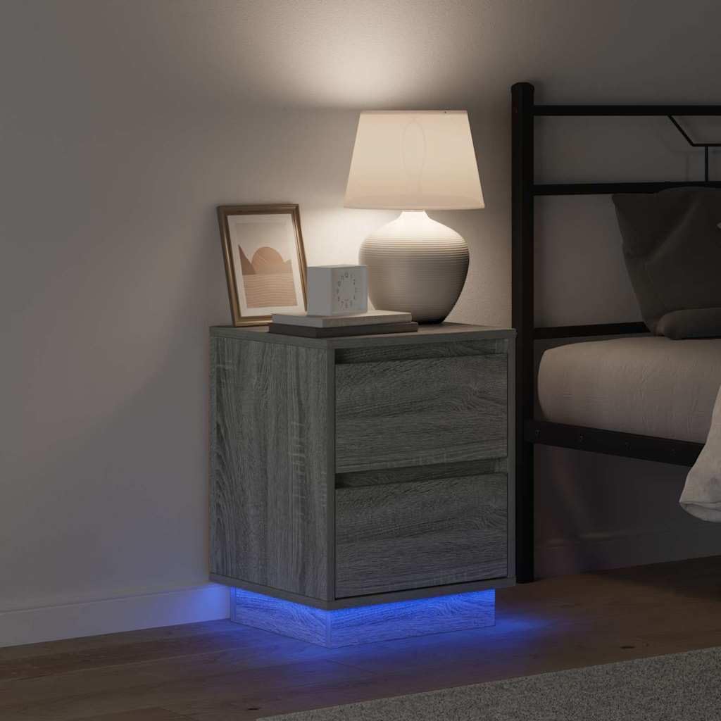 Grau Nachttisch aus Holzwerkstoff mit 2 Schubladen, USB Anschluss und LED Licht, 39 x 34,5 x 50 cm, für Schlafzimmer, Wohnzimmer, Flur, modern und platzsparend