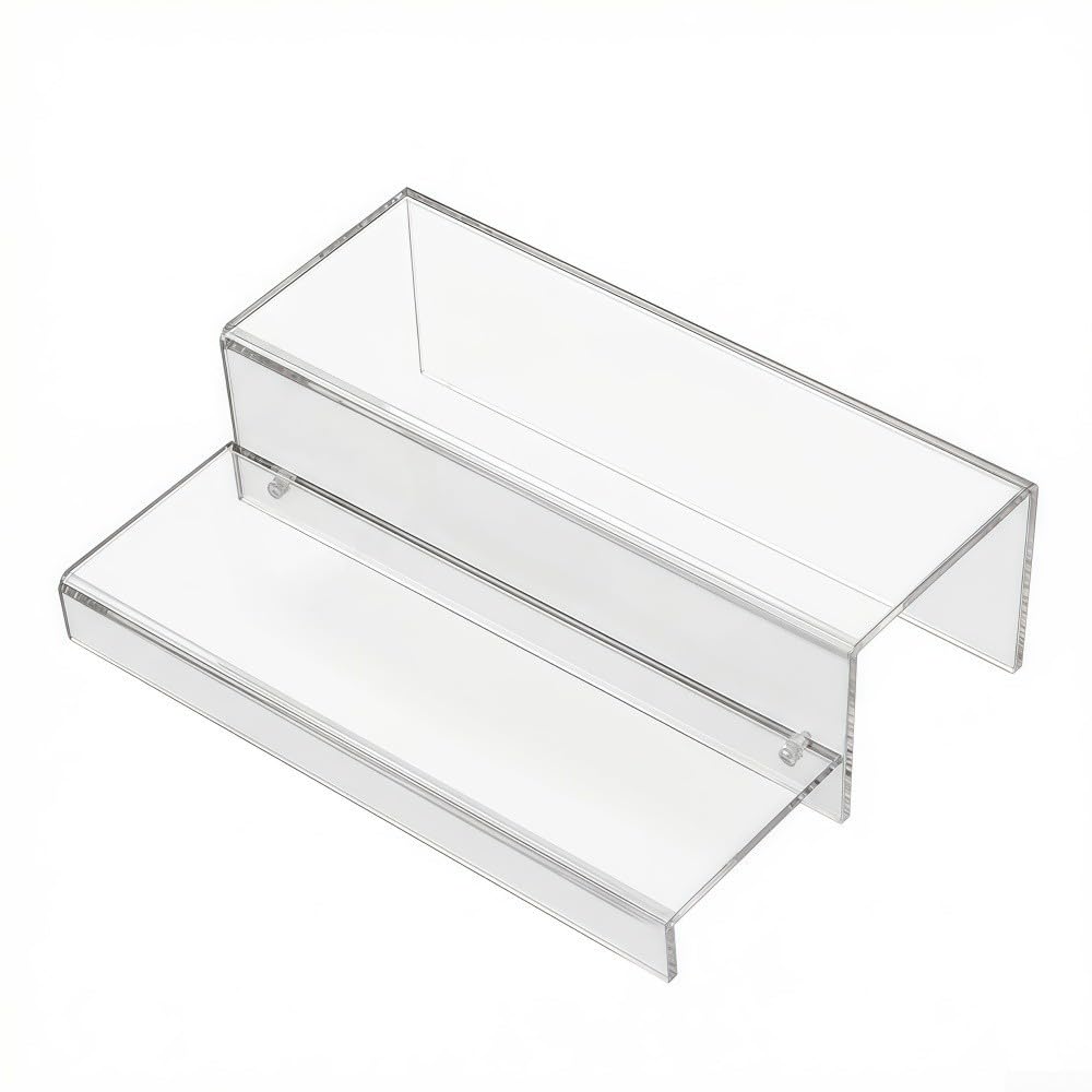 Espositore per bottiglie di liquori in acrilico trasparente, supporto organizer a due livelli con design a gradini, robusto supporto da banco per vino e whisky da banco di 5 mm di spessore, per la
