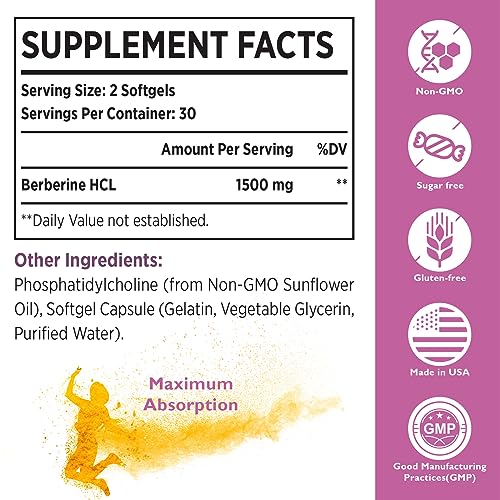 KoNefancy Berberine HCL Supplement 1500mg - Third Party Tested, High Bioavailability Liposomal Berberine Capsules for Women and Men, GLP-1 Support and AMPK Activator, Non-GMO, Sugar-Free,60 Softgels — view 6
