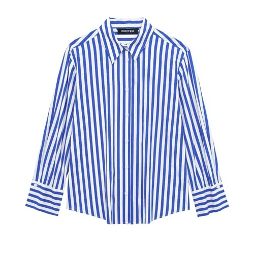 BAIMORE Women's Trendy Lapel Button Down Blue and White Striped