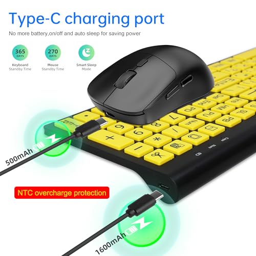 Full Size Wireless Large Print Keyboard and Mouse Set Rechargeable | Quiet Scissor Switch | for Seniors and Visually Impaired Low Vision Individuals-Yellow - image 4