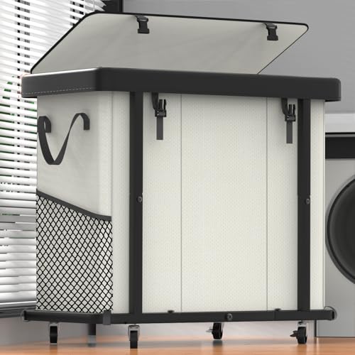 Image of 230L (60 Gal) Large Fashion Laundry Basket with Wheels, Leather Patchwork Laundry Sorter 3 Section, Sturdy Metal Frame, Removable Washable Bag, Tall Clothes Sorter for Bedroom - Beige
