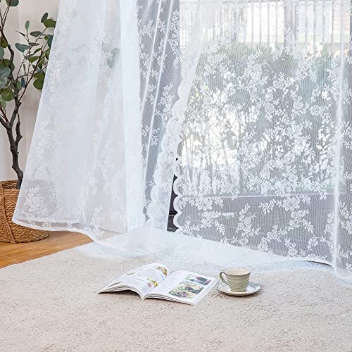 Miulee White Lace Curtains 84 Inches Long For Living Room Bedroom, Scalloped Sheer Curtains Rose Floral Embroidered Farmhouse Window Drapes Vintage European Tulle Retro Style, Rod Pocket, 2 Panels Set #TOP4
