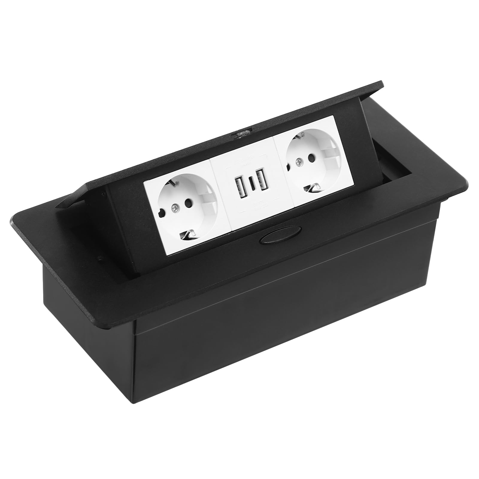 Pop-up Steckdosenleiste mit Netzkabel – EU Norm, USB + Type-C Ports, Schwarz, Kompakt stabil, Überlastungsschutz, Powerstrip für Home Office & Reise, sicherer Energielieferant