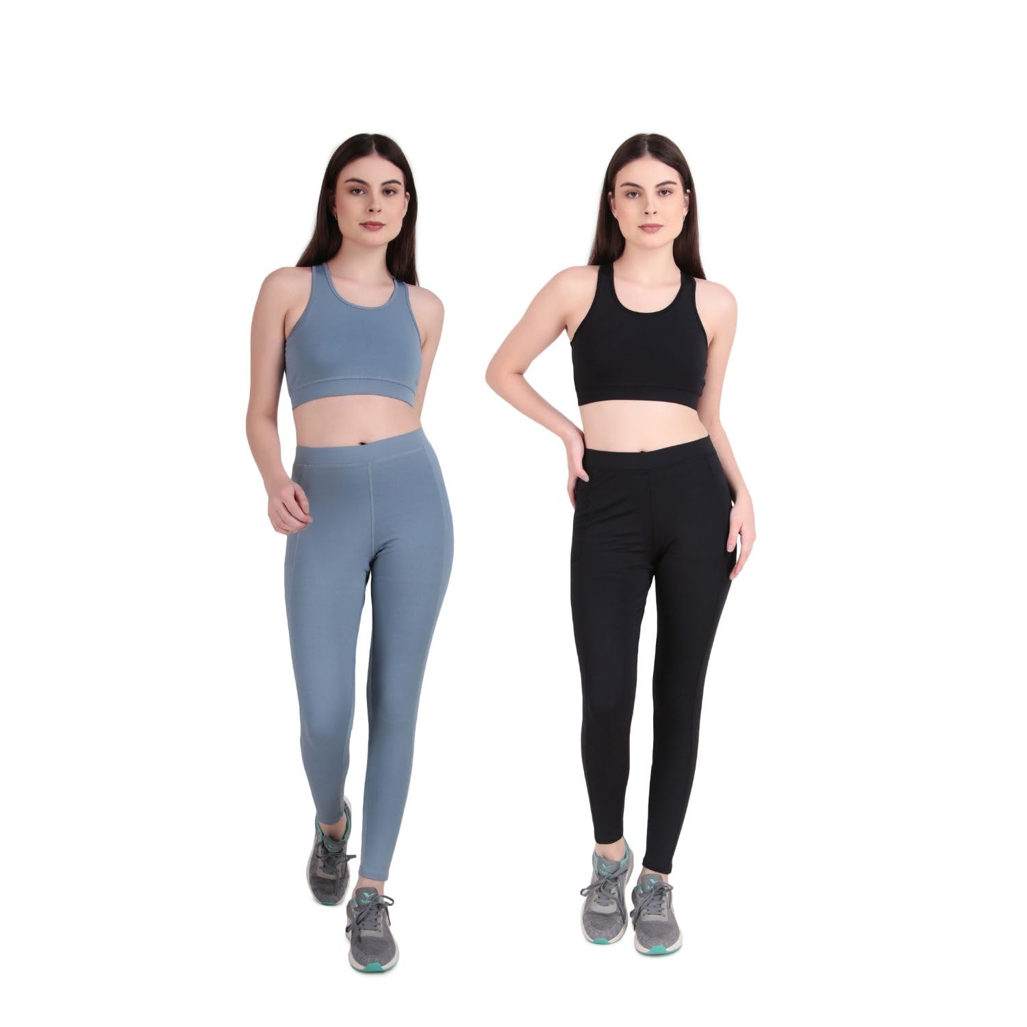 Women’s High Waist Tracksuit | Workout Set Fitness Gymwear Top & Bottom Set | Activewear Yoga Outfit | Leggings Bra Set for Sports/Running/Exercise (IN, Alpha, L, Regular, 2, Black-Light Blue)-image-32