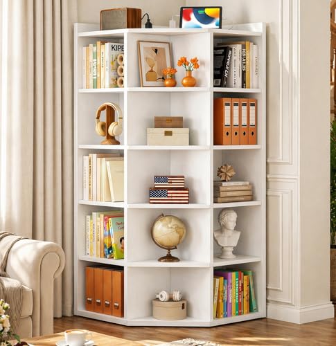 Aheaplus 6-Tier Corner Cube Bookshelf with Power Outlets Wooden Corner Storage Cabinet with 15 Cubes Corner Cube Organizer Shelf with Top Table L Shaped Cubby Bookcase for Home Office White