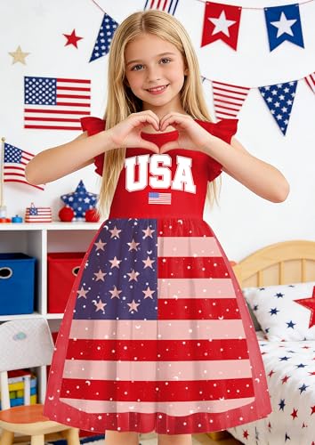 Image of Girls 4th of July Dress American Patriotic Outfit USA Independence Day Clothes Flutter Sleeve Tulle Tutu Dress 5-14y