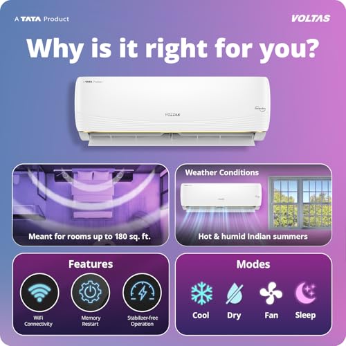 Image of Voltas 1.5 ton 3 Star, New star rated, Inverter Split AC (Copper, Convertible 6-in-1 cooling modes, Ai Enabled, 4-way Swing, Sleep Mode, Auto Clean (183INV VERTIS AI ZEST GOLD, White)