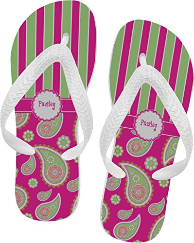 RNK Shops Personalized Pink & Green Paisley and Stripes Flip Flops - Medium