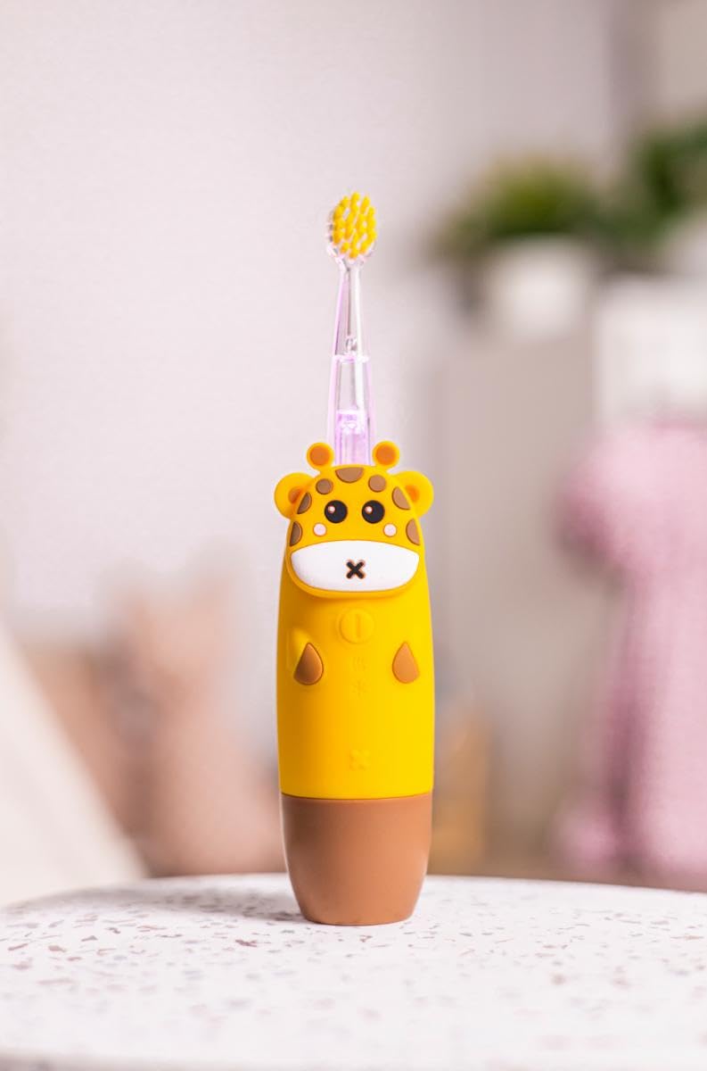 innoGIO Giogiraffe Elektrische Zahnbürste für Kinder, 7 Farben, Silikongriff, 4 Modi, Timer 2 min, geeignet für Kinder zwischen 2 und 12 Jahren, Gelb, AAA-Batterie nicht enthalten (Kopf im