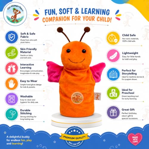 Image of Butterfly Hand Puppet for Kids | Soft Plush Animal Puppet | Storytelling, Role Play, Preschool Learning Toy | Interactive Educational Puppet for Boys & Girls