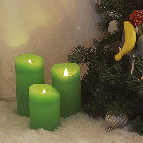 Image of iZAN 3 Pack Real Wax Flameless Candles Battery Operated LED Pillar Flickering Realistic Electric Candle Gift Sets with Remote Control and Cycling 24 Hours Timer 3 inchD X 4 inch 5 inch 6 inch H (Apple Green)