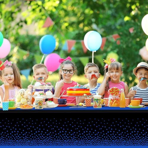 Image of 12 Pack Black and Blue Tablecloth Party Decorations Plastic Black Tablecloth Printed Blue Table Runner 54 x108 Inch Disposable Rectangle Table Cover for Birthday Wedding Graduation