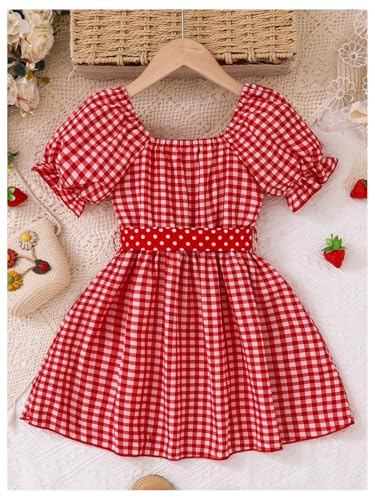 WDIRARA Toddler Girl's Gingham Strawberry Patched Midi Dresses Puff Sleeve Square Neck Belted A Line Dress2