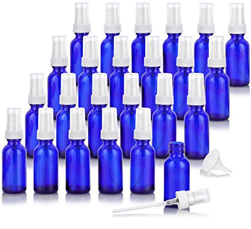 JUVITUS 1 oz / 30 ml Cobalt Blue Glass Boston Round Bottle with White Treatment Pump (24 pack) + Funnel