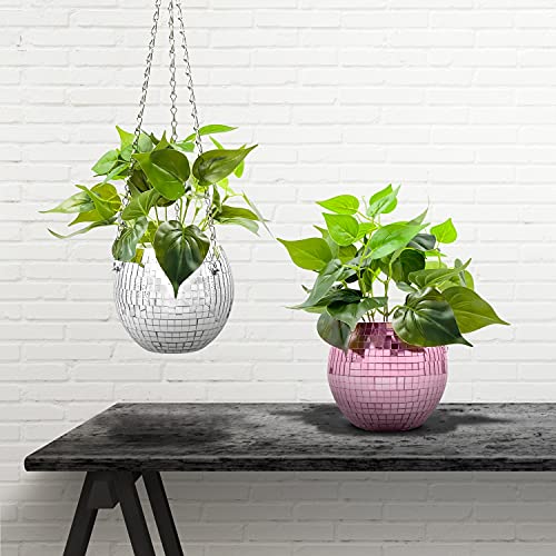 Disco Ball Planter For Indoor Outdoor | Self Watering Hanging Flower Pot | 6'' Unique Boho Vase Home Office Balcony Patio Tabletop Room | Small Mirror Plant Holder | Retro Groovy Little Wall Hanger #TOP3